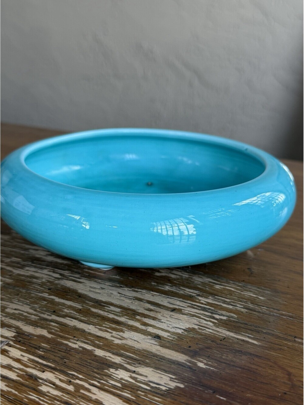 Vintage Mid Century Turquoise Ceramic Cigar Ashtray Low Bowl Art Pottery MCM
